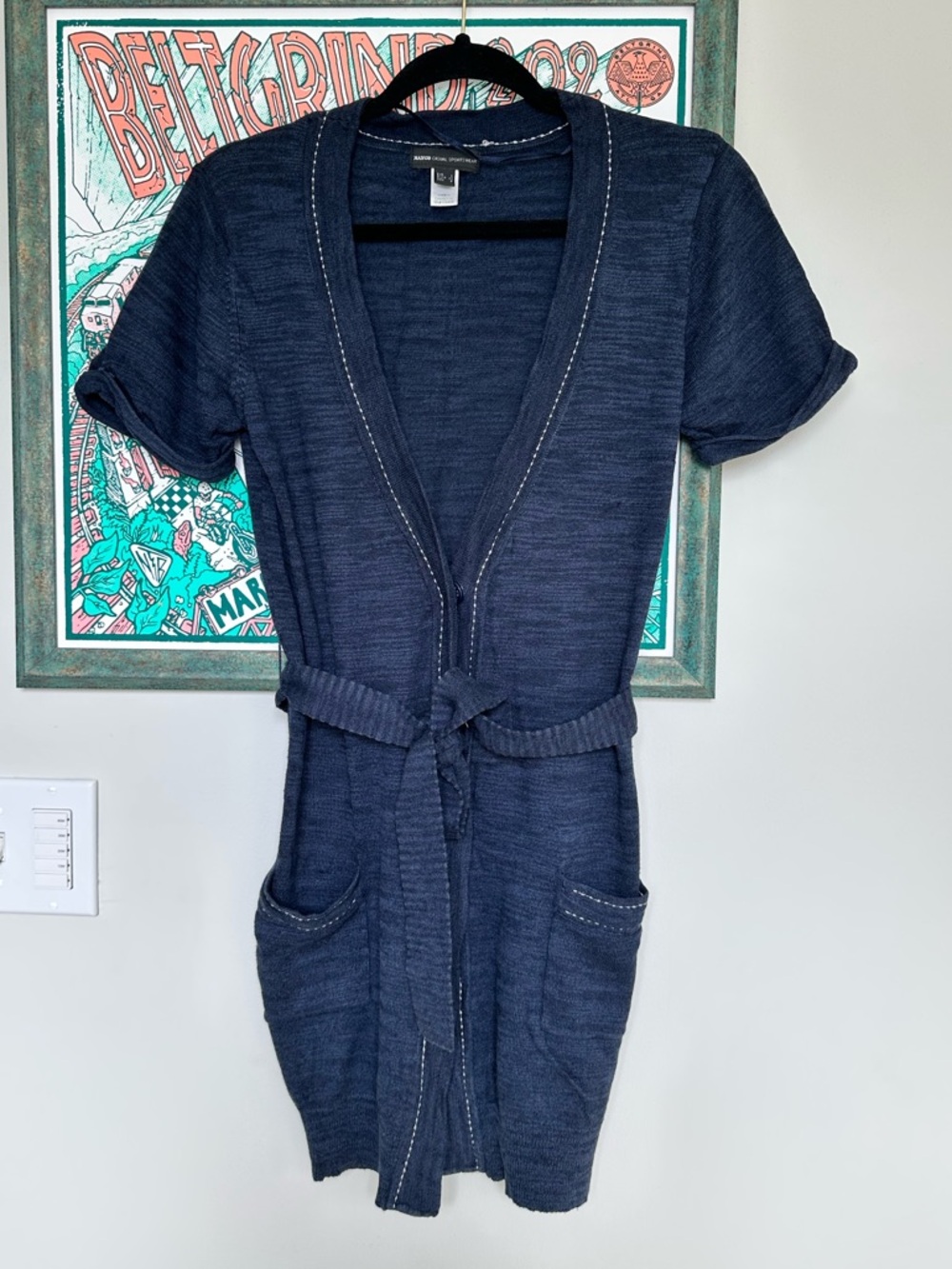 Mango Dark Navy Short Sleeve Knit Cardigan with Belt and Pockets Women’s Size XS